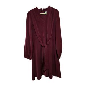 90s DKNY Dress Womens Sz 14 Front Drape Tie Burgundy Party Classic City Wedding